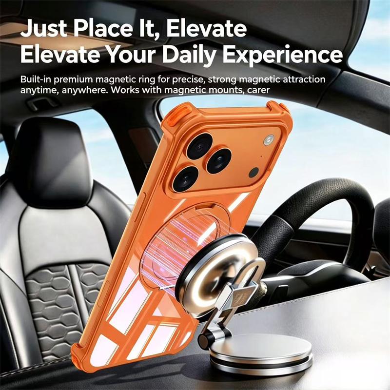 For iPhone 17 16 15 14 13 Pro Max Transparent Aluminum Alloy Frame Phone Case For Magsafe 360° Rotate Magnetic Shockproof Cover