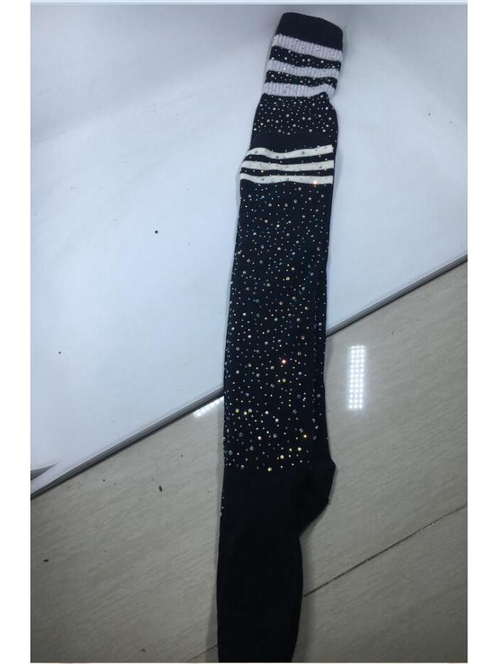 Stylish Rhinestone Women's Over-the-Knee Socks with Three-Stripe Design - XS02