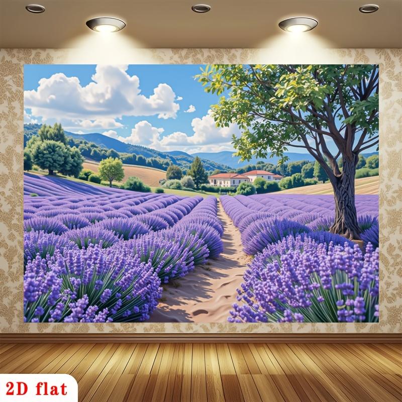 2D Plane, 1 Piece of Serene Lavender Field Flower Valley Mountain Scenery Polyester Background Fabric, for Use In a Room