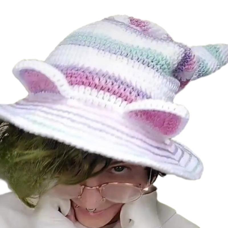 Striped Witch Hat with Rabbit Ears Unique Knit Cap for Halloween Dress Up Costume Cosplay Props Ornament