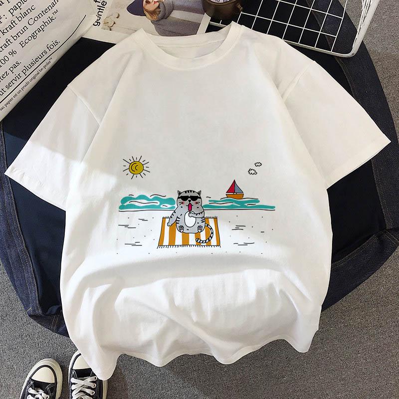 

Kawaii Fat Cat T Shirt Women 2025 New Summer Cute Fashion Short Sleeve T-Shirt White Thin Section Hipster Tshirt Tops Clothing XXXL білий