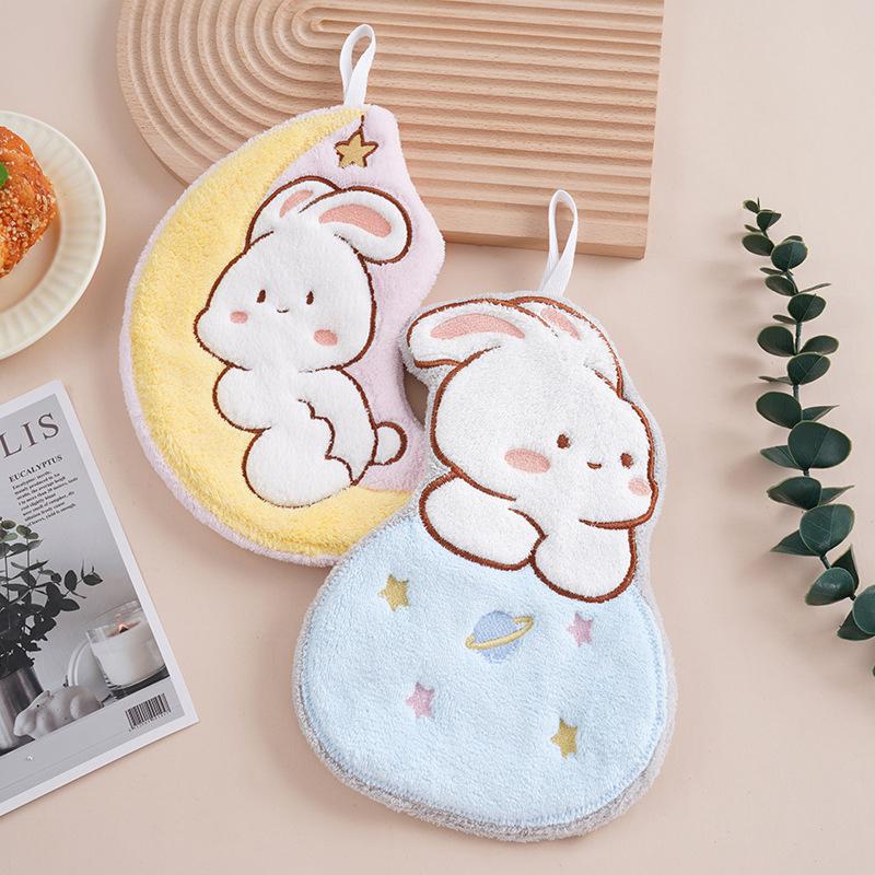 Cute Rabbit Pattern Hand Towel Soft Hanging Towels Absorbent Coral Fleece Towel Kitchen Bathroom Double-Thickness Hand Towel