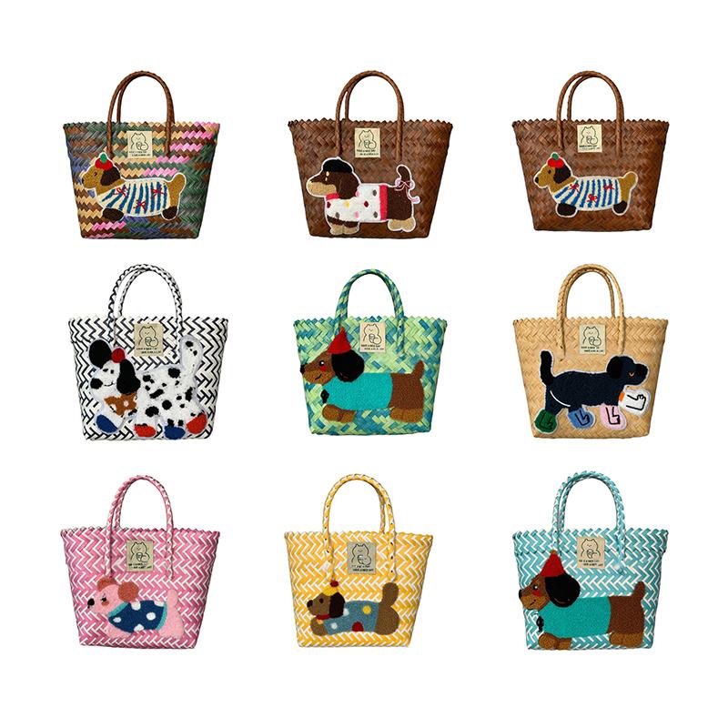 Retro Striped Dachshund Dog Woven Bag Trendy Cute Handbag Large Capacity Tote Bag  Bamboo Handle Vegetable Basket Bag