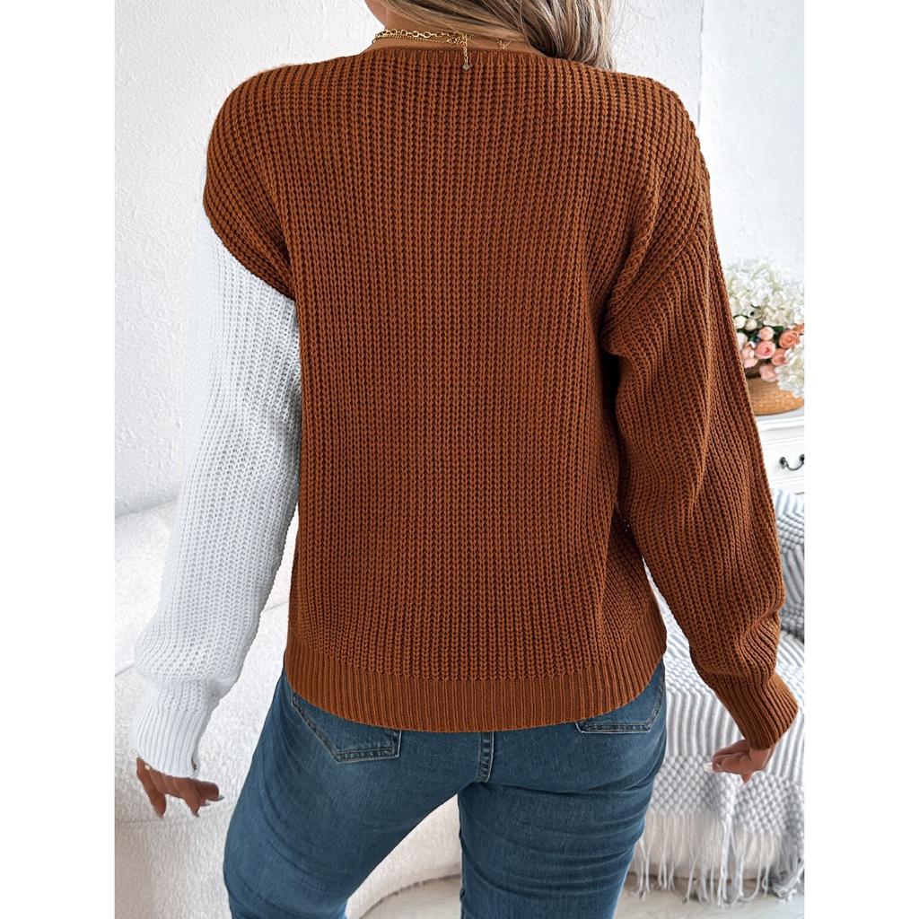 GMXIA Autumn and Winter Casual V-neck Button Contrasting Color Lantern Sleeve Pullover Sweater Women's Wear