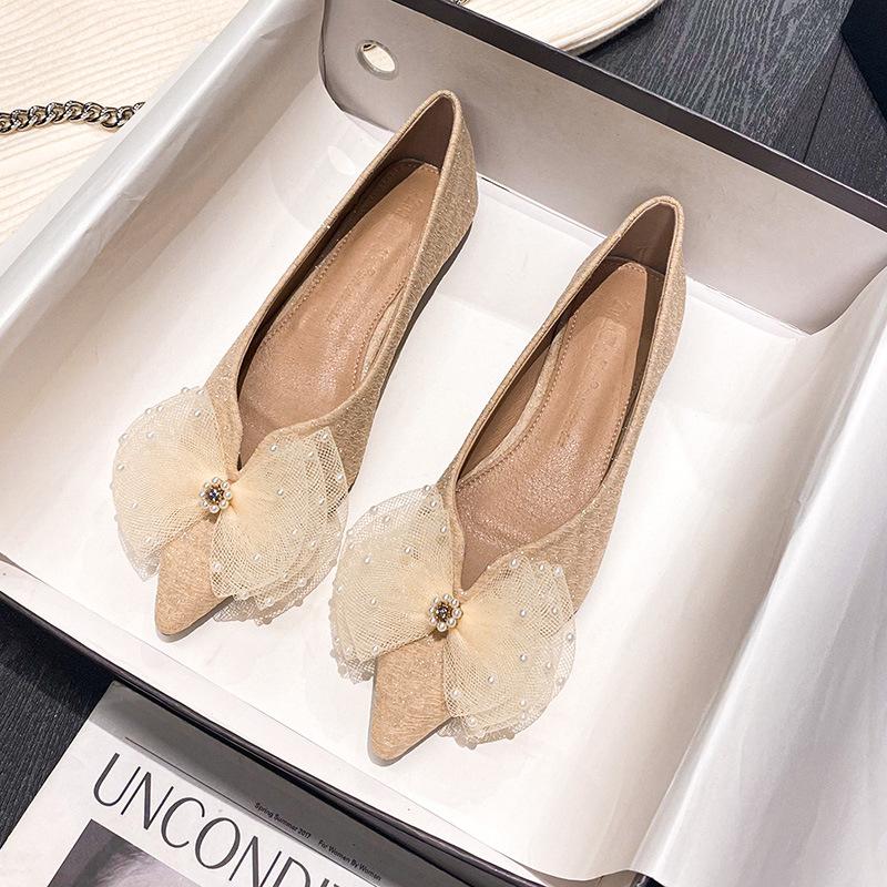 Fashion 2025 Spring Summer Lace Bow Flat Shoes for Women Pointed Toe Pearl Studded Ballet Flats Ladies Pearl Flower Loafers Big Size 43
