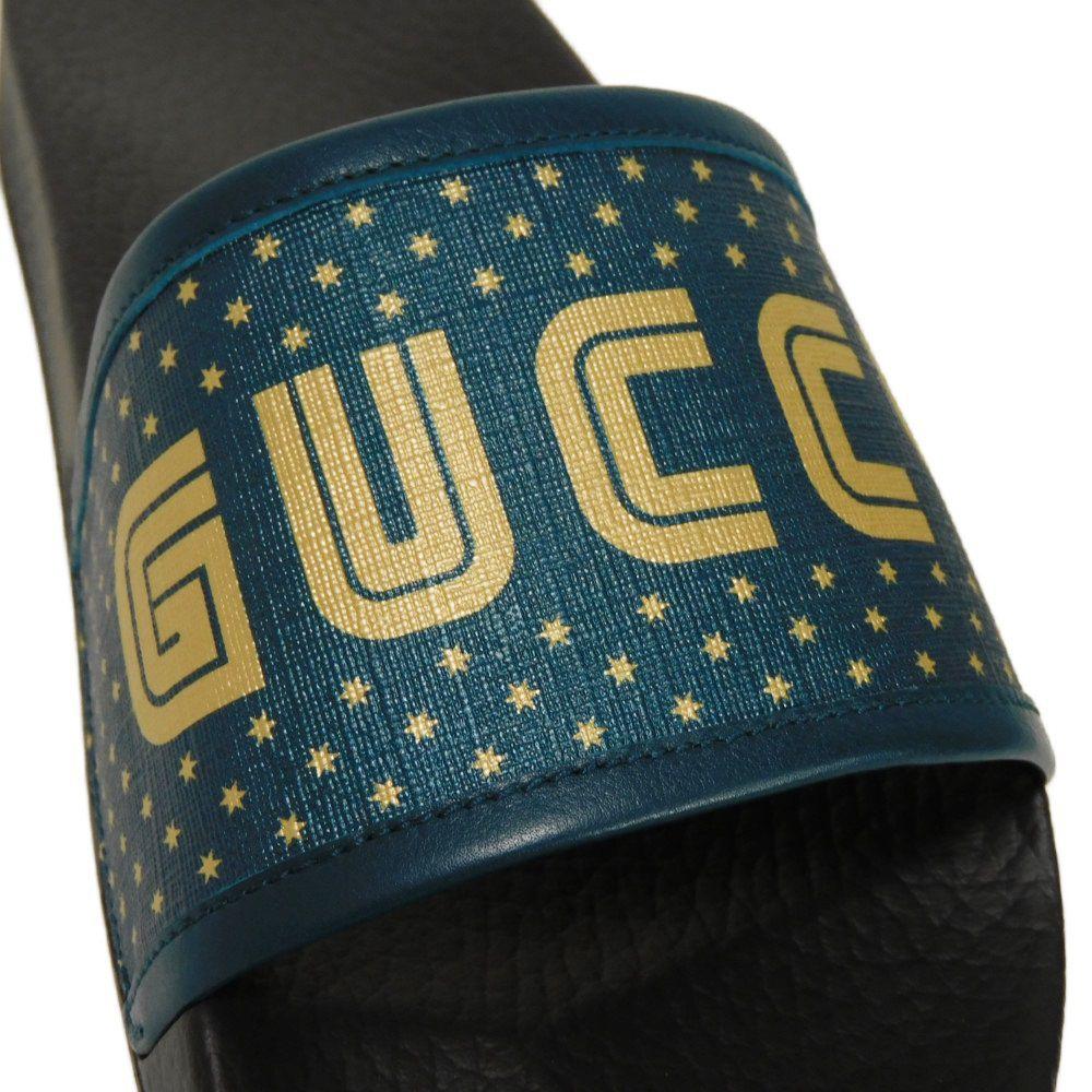 Used 9539 GUCCY Print Slides 522023 7898 7 Star Green Blue Gold Black 10.2" Unused SEGA Logo Turquoise Men's from Japan