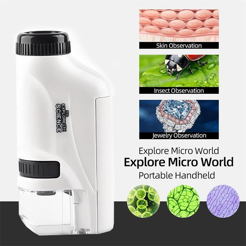 Handheld Pocket Microscope 60X 120X Magnification With Phone Clip LED Light Kids Science Educational Toy For Outdoor Study
