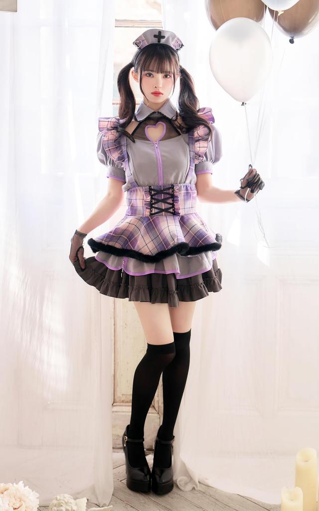 Cosplay Nurse Maid Waitress Housekeeper Check Purple Purple Gray Black Black Gray Frill Costume Disguise Marie Moon 7 Piece Set 10232 [Malymoon]