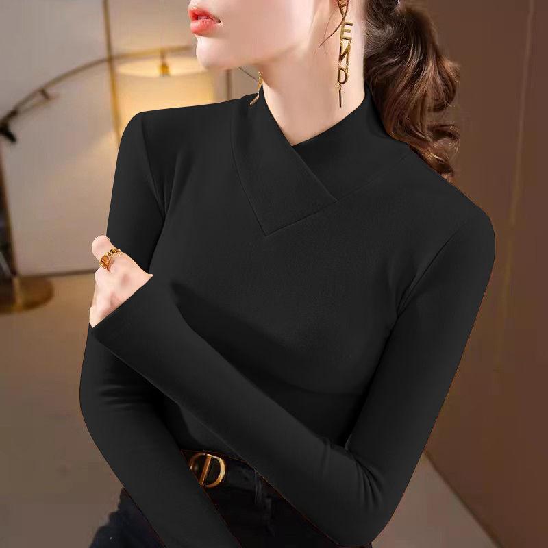 Double-sided Threaded Semi-high Neck Slim-fit Warm Base Layer Top for Women - Autumn/Winter Long-sleeve T-shirt