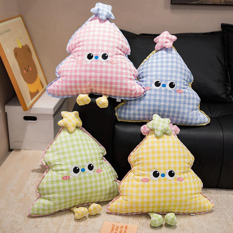Christmas Tree Shape Decorative Cushion With Embroidered Grid Pattern For Sofa And Bed Decor