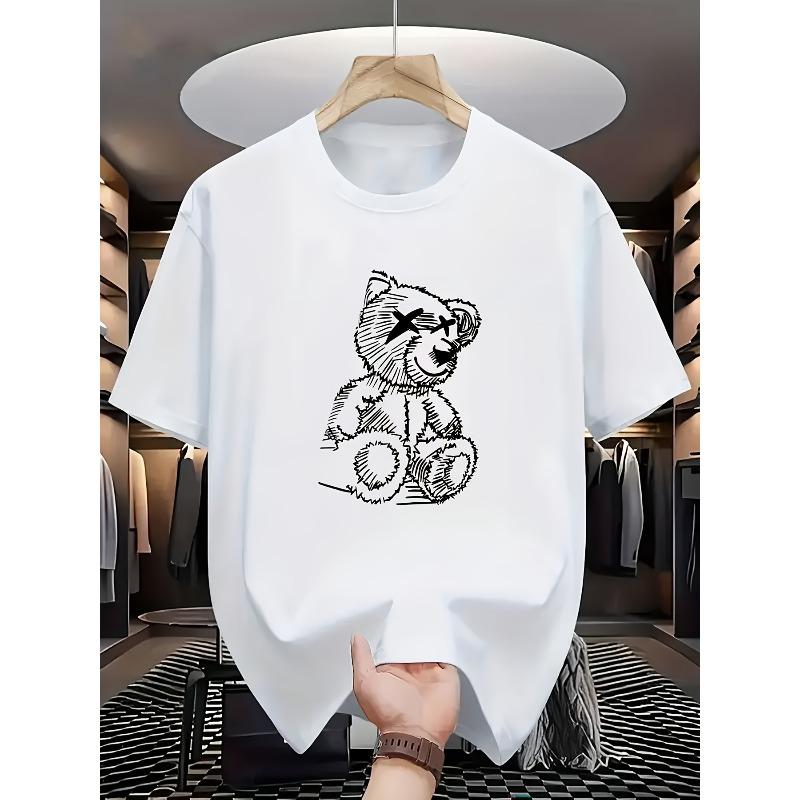 

European Size Round-Neck Short-Sleeve T-Shirt Featuring Trendy Art Style with White Line Drawings of a Small Bear Print Design That Embodies a Fusion S белый