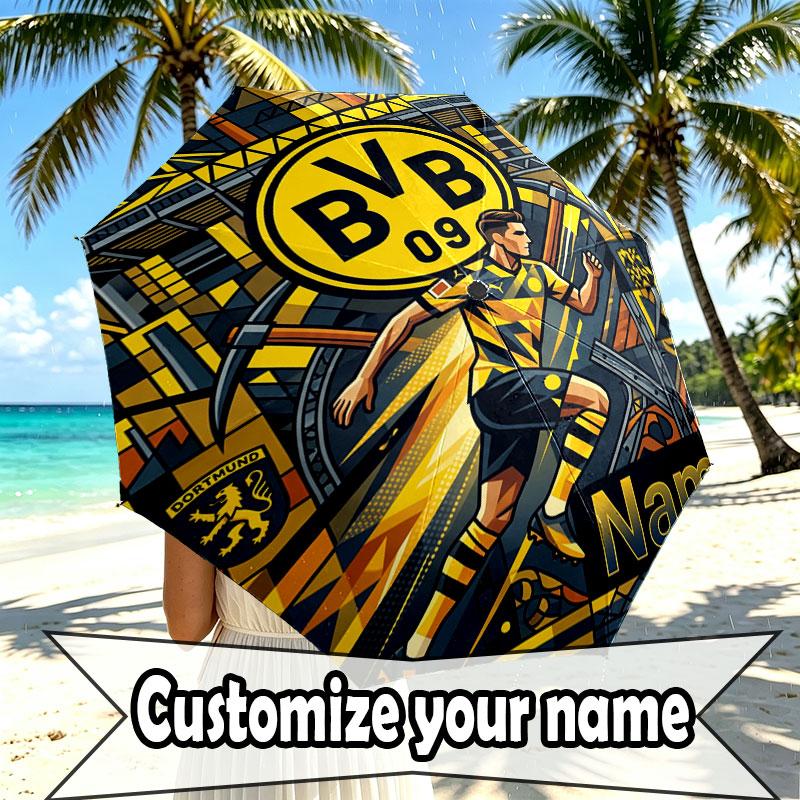 Custom Name Personalized Borussia Dortmund Bvb Print Umbrella, Auto Open Close, 8‑Rib Sturdy Frame, Commute Camping Hiking Use, Birthday Gift