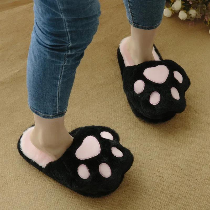 Fashion Women Kawaii Cat Claws Fluffy Fur Plush Slippers Women's Home Slippers Cute Cotton Non Slip Winter Shoes Women Christmas Gift