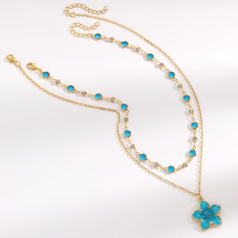 Enamel Drip Oil Flower Double Layered Pendant Necklace for Women Fashion Crystal Bead Y-Shaped Choker Clavicle Chain Jewelry