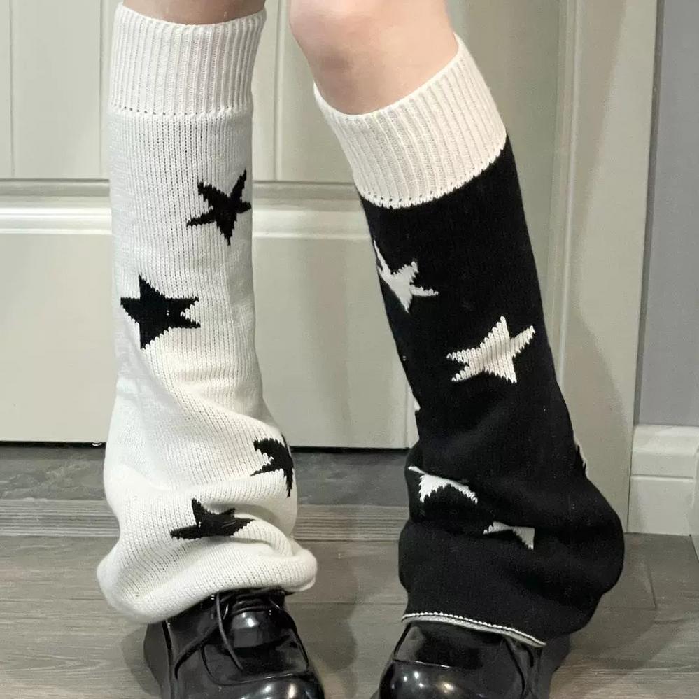 Reversible Star Print Sock Leg Warmers Japanese JK White Y2K Stacked Socks Lolita Knit Leggings Hot Girl Style