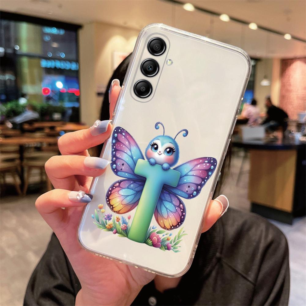 For Samsung Galaxy A54 A14 A34 A24 Blue Butterfly Flower Letters A-Z Couple Phone Case Transparent Clear Silicone Bumper Cover