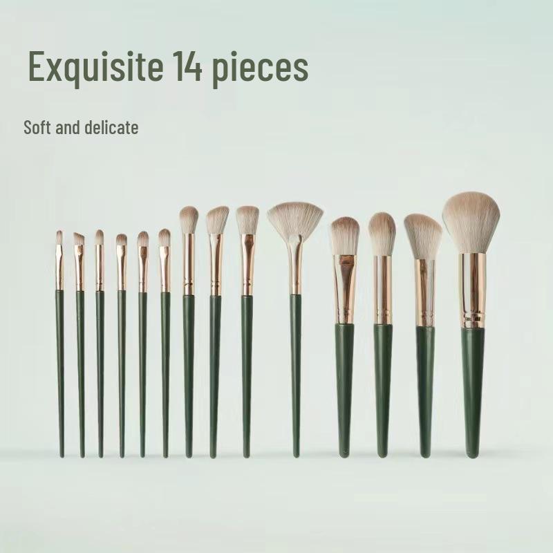 14-Piece Soft Bristle Makeup Brush Set - Green Cloud: Includes Powder, Blush, and Foundation Brushes for Beginners.