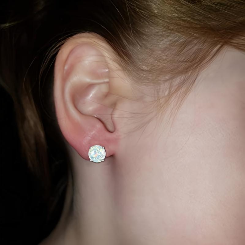 925 Sterling Silver Round White Fire Opal Stud Earrings for Women Girls Creative Wedding Party Jewelry Gift