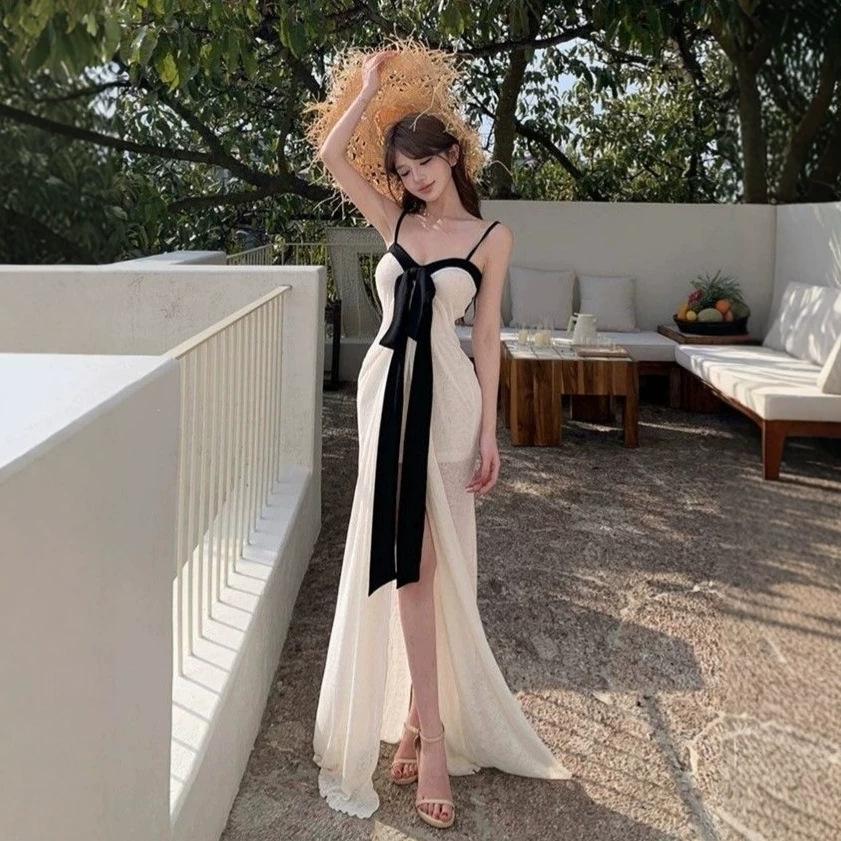 French white mesh suspender dress women's clothing is beautiful in summer, pure desire temperament, slim-fitting hip-wrapped split-fork long dress
