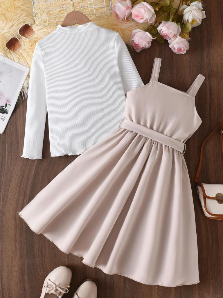 Autumn Children's Set: Ribbed Long-Sleeve Top & Beige Waist-Belt Overalls Skirt