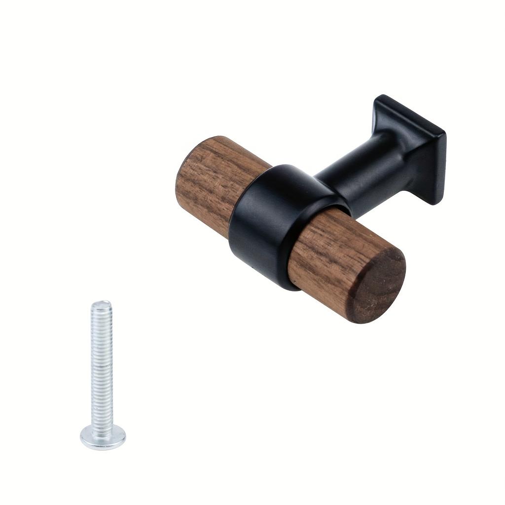 4 Pcs Elegant Walnut Wood Drawer Pulls with Black Metal Base, Single Hole Cabinet Handles, 1.57" Total Length - Ideal for Kitchen, Wardrobe Furniture