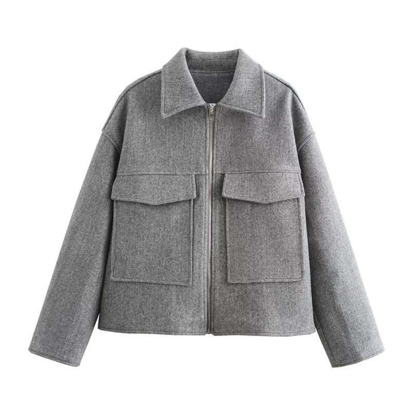 

Kaslead New Arrival Women s Clothing Fashion Style Fashion Minimalist Three-Color Large Pocket Zipper Woolen Outwear Gray L