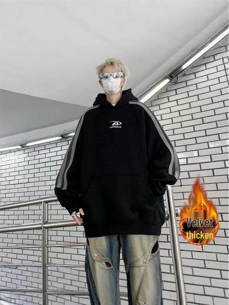 Men's Trendy American Striped Patchwork Hoodie - Autumn/Winter Casual Loose Fit for Couples