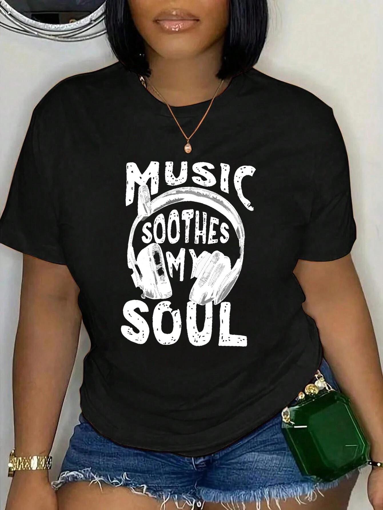 

Women s Music Soothes My Soul Graphic T-Shirt - Music-Themed Design with Headphones Illustration -Polyester - Crew Neck, Short Sleeve 4XL чорний