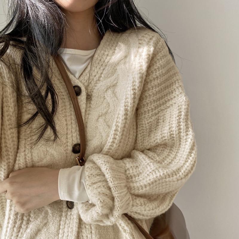 Herbst Casual V-Ausschnitt Puffärmel Locker Gestrickte Strickjacken Damenmode Winterpullover Jacke für Damen Elegant Einfarbig Slim Fit Damenstrickjacke 25729