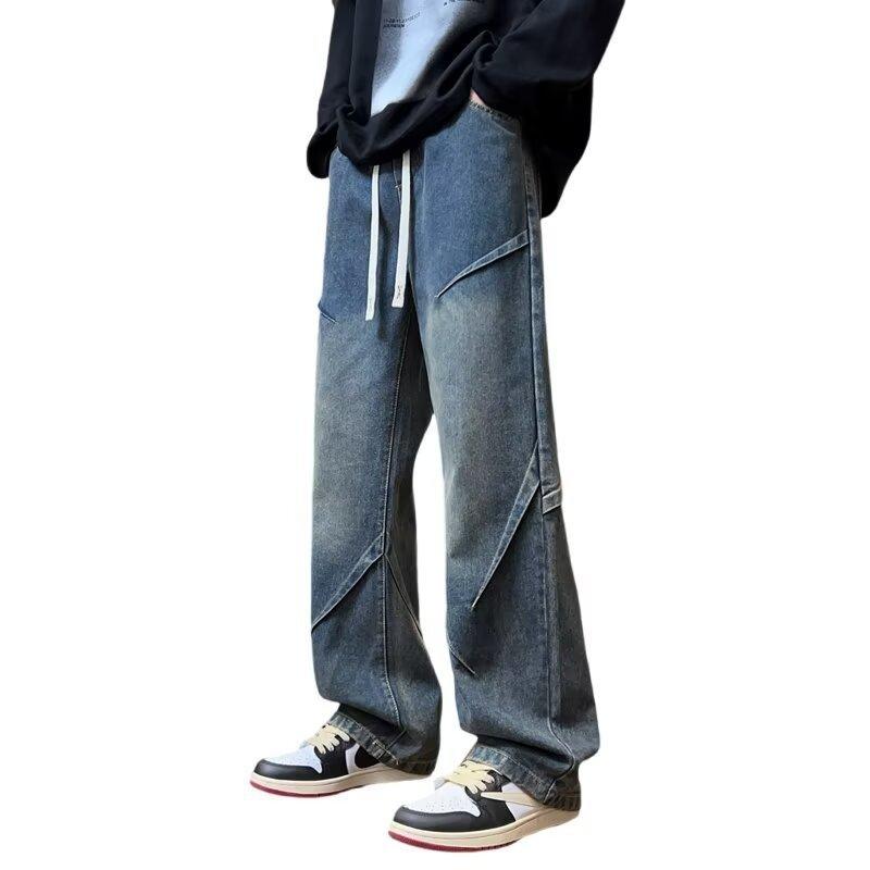 Retro jeans men's autumn new American fried street ruffian handsome casual pants teen loose straight wide-leg men's pants