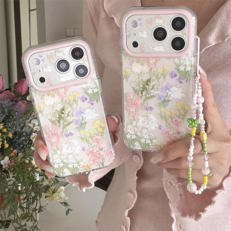 Colorful Flower Bed Kitten Chain Phone Case for iPhone 17/16 Pro Max/15 Pro