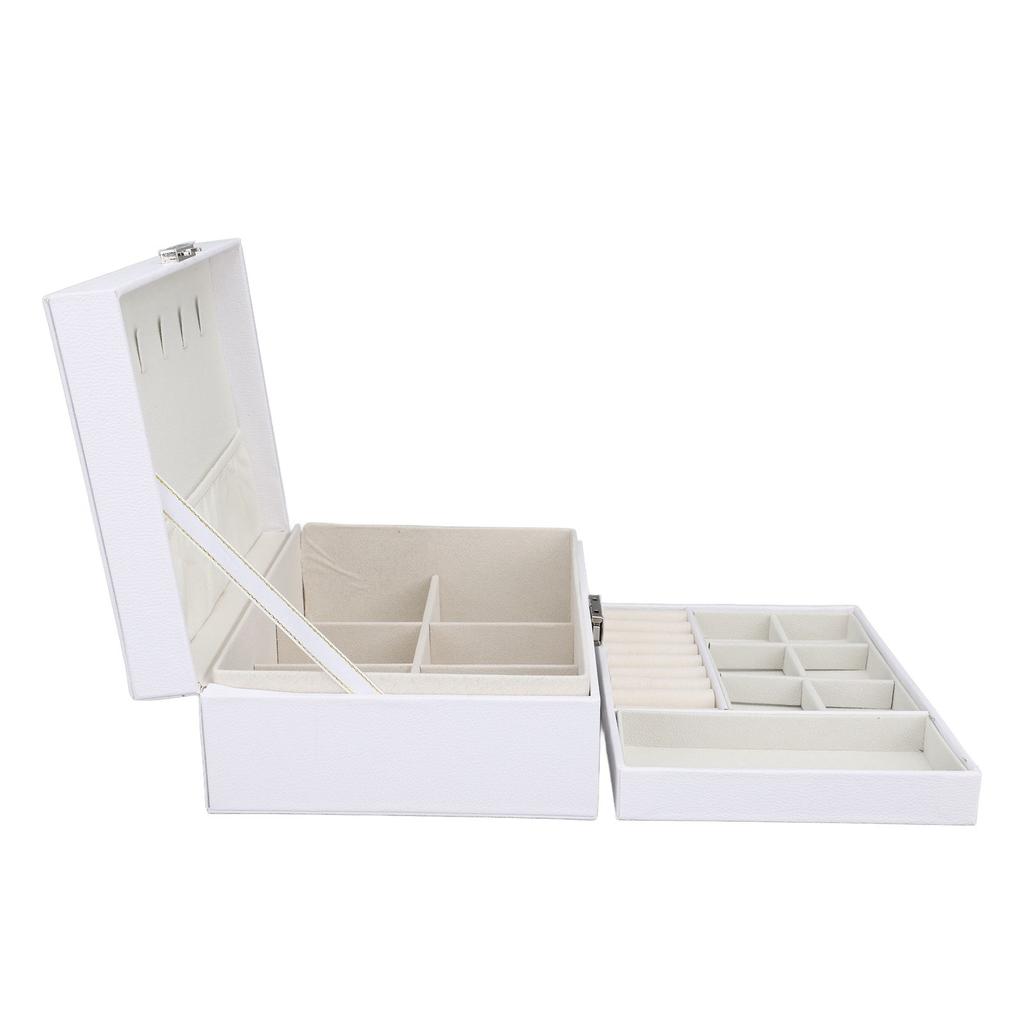 Jewelry Storage Box White Wood Large Capacity 2 Layer Multiple Compartments PU Leather Portable