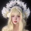 Lolita White Angel Wings Virgin Mary Bead Chain Baroque Halo Tiara Hair Accessory Virgin Mary Sun Godmother's Crown KC Headwear