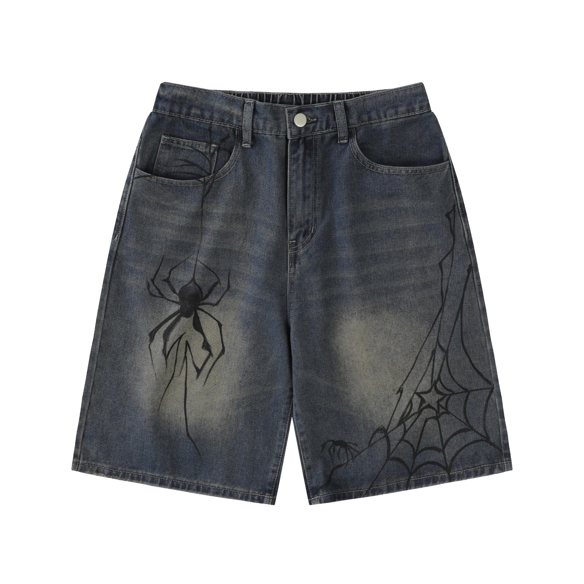 Men s Retro Distressed Hand-Painted Spider Denim Shorts - Loose Fit, Blue, Summer Straight-Leg Style S