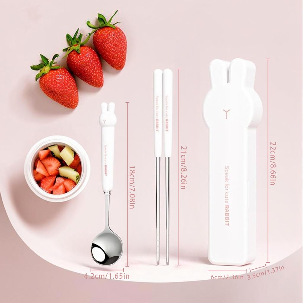 

3/4PCS Fork Spoon Chopsticks Set With Box Cartoon Rabbit Dinnerware Portable 304 Stainless Steel Tableware Set For Kids Students