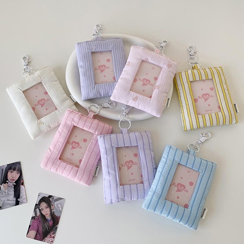 Pillow Shape Photocard Holder Keychain Striped Heart Hanging Decoration Campus Card Protective Cover Idol Card Display Protector