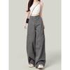 Women's Gray Wide-Leg Cargo Pants, Retro High-Waisted Slimming Jeans for Spring/Autumn 2025