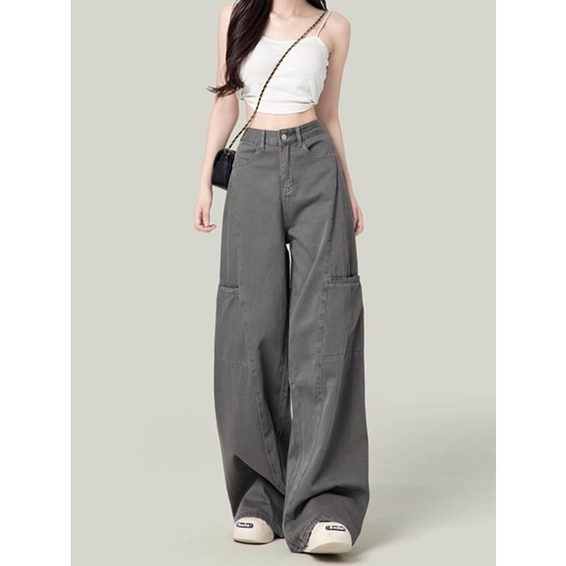 Women s Gray Wide-Leg Cargo Pants, Retro High-Waisted Slimming Jeans for Spring/Autumn 2025 XL