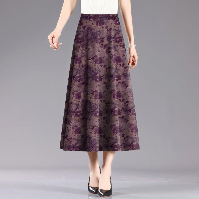 Middle Aged Women's Casual Purple Floral Elastic Waist Skirt