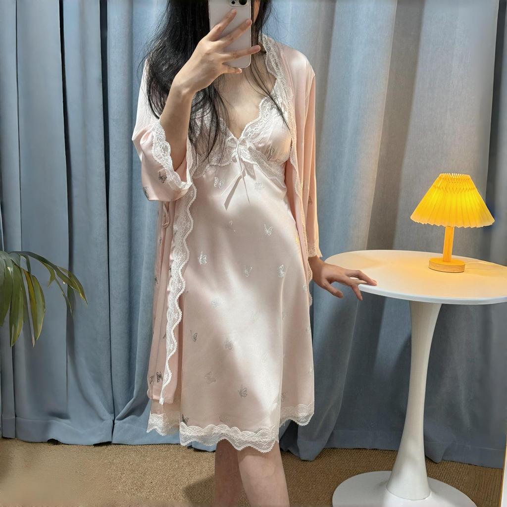 Women's Ice Silk Pajamas: Sexy Lace-Trim Nightgown with Silver Butterfly Robe & Chest Pads