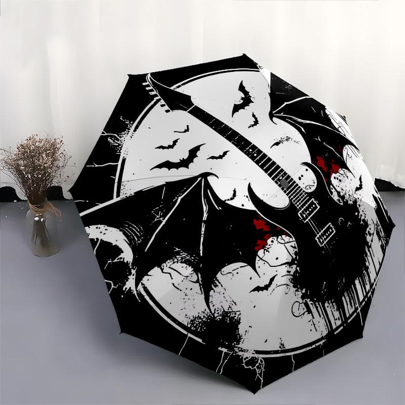 1pc Gothic Guitar Bat Skull Automatic Folding Umbrella, Portable 3-Fold Design, 8-Bone Iron Frame Outdoor Umbrella, Unique Gift for Fans, Travelers, E