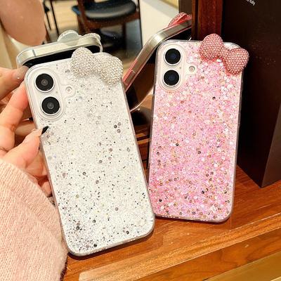 Epoxy Glitter Sequined Bow Mobile Phone Case for Apple 17Promax Rhinestone Iphone16 Women's 14 Soft