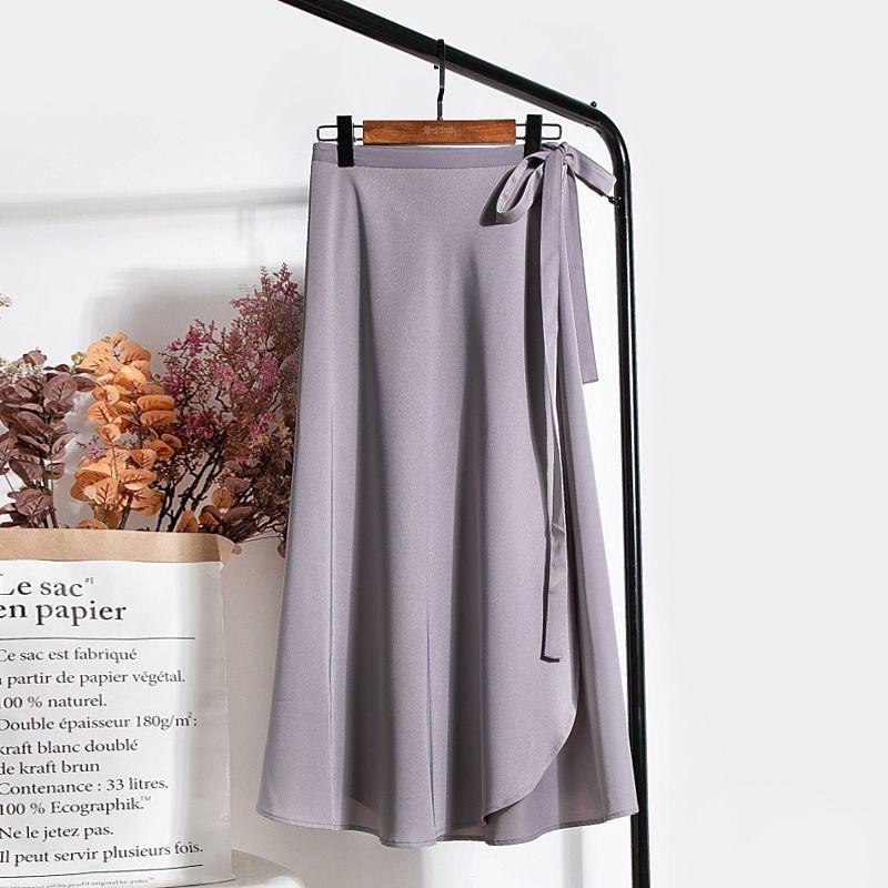 Summer Design One Piece Skitts Women High Waist Elegant Lace Up Chiffon Skirt Solid Color Thin Mid Length A-line Fallas