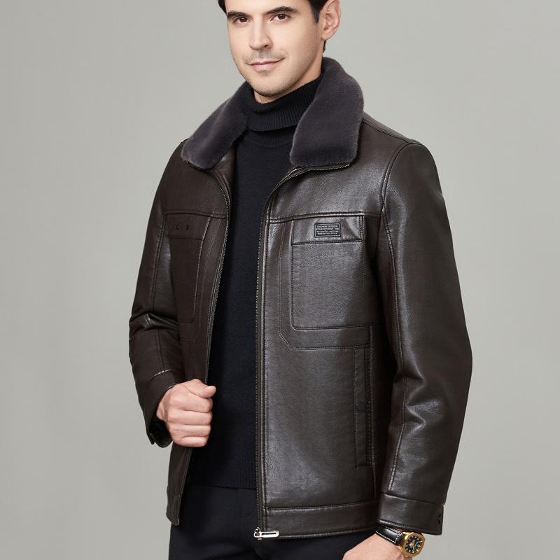 Genuine Leather Jacket Men's Winter Velvet Thickened Fur All-in-one Middle-aged and Elderly Casual Jacket Sheepskin Leather Jacket