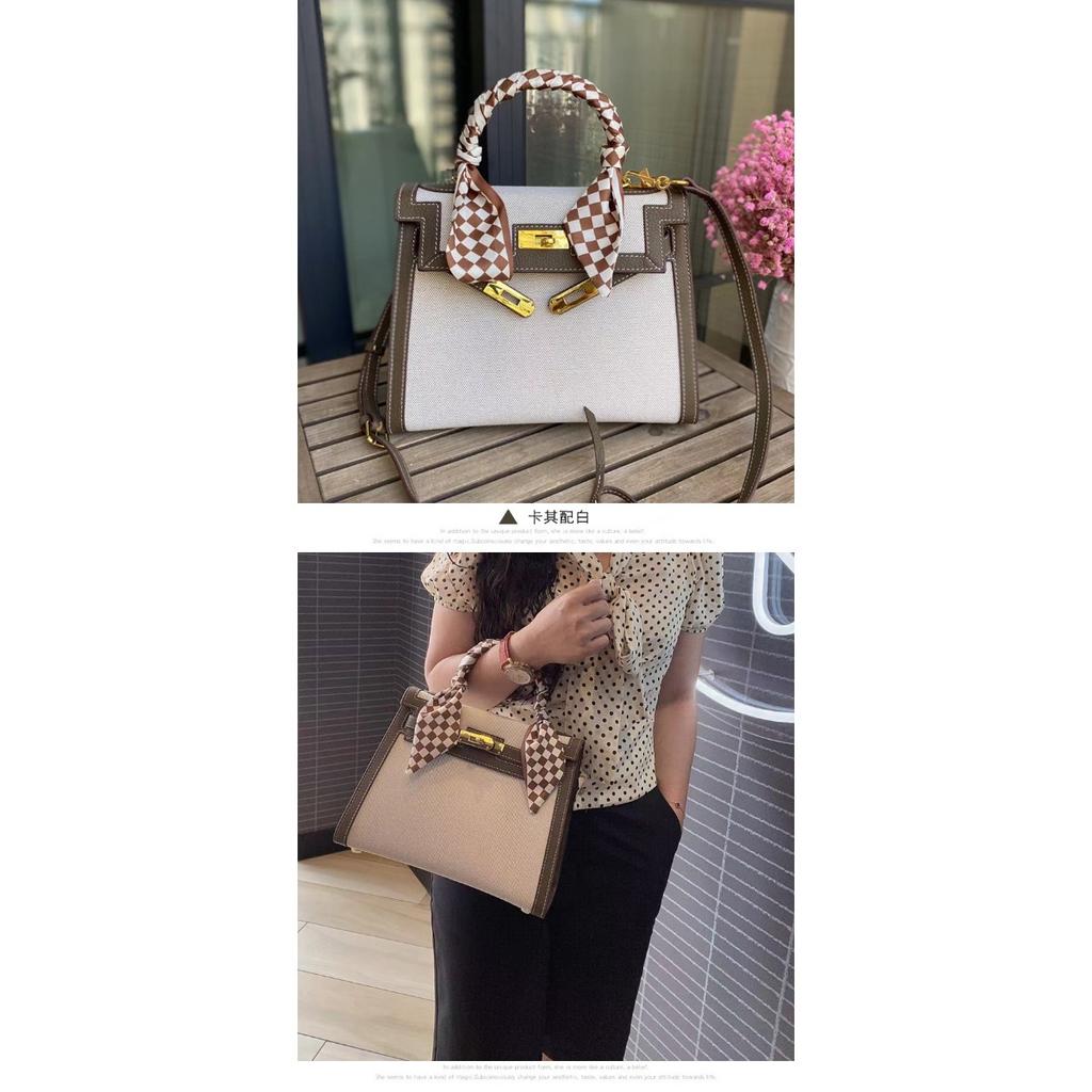 New temperament messenger bag women's canvas with leather bag contrasting color leather handbag fashion lock shoulder bag