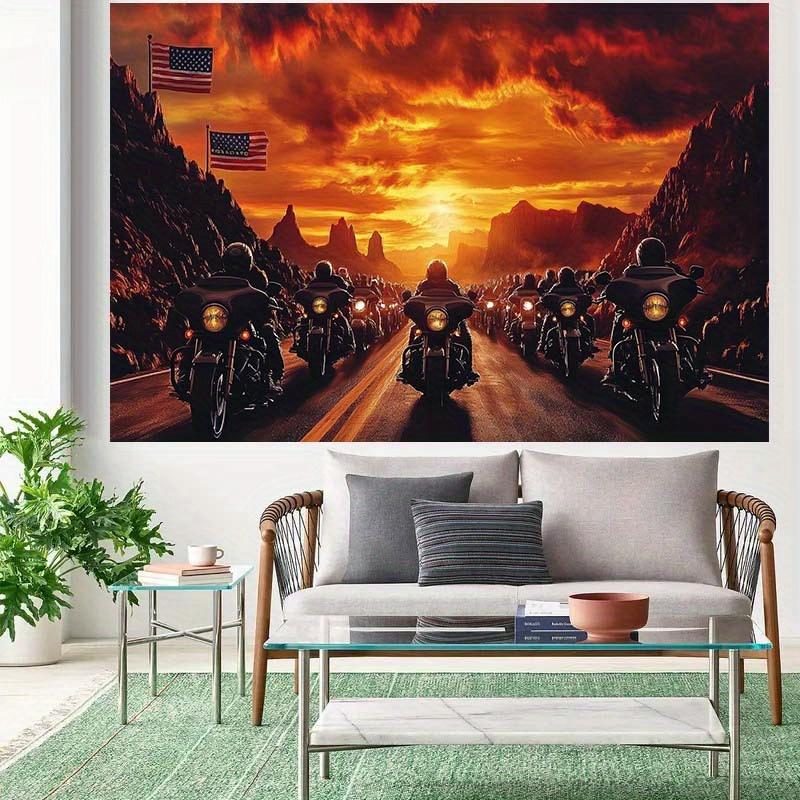 2D plane, 1 motorcycle-themed, sunset rock landscape pattern, suitable for adventure parties or trips