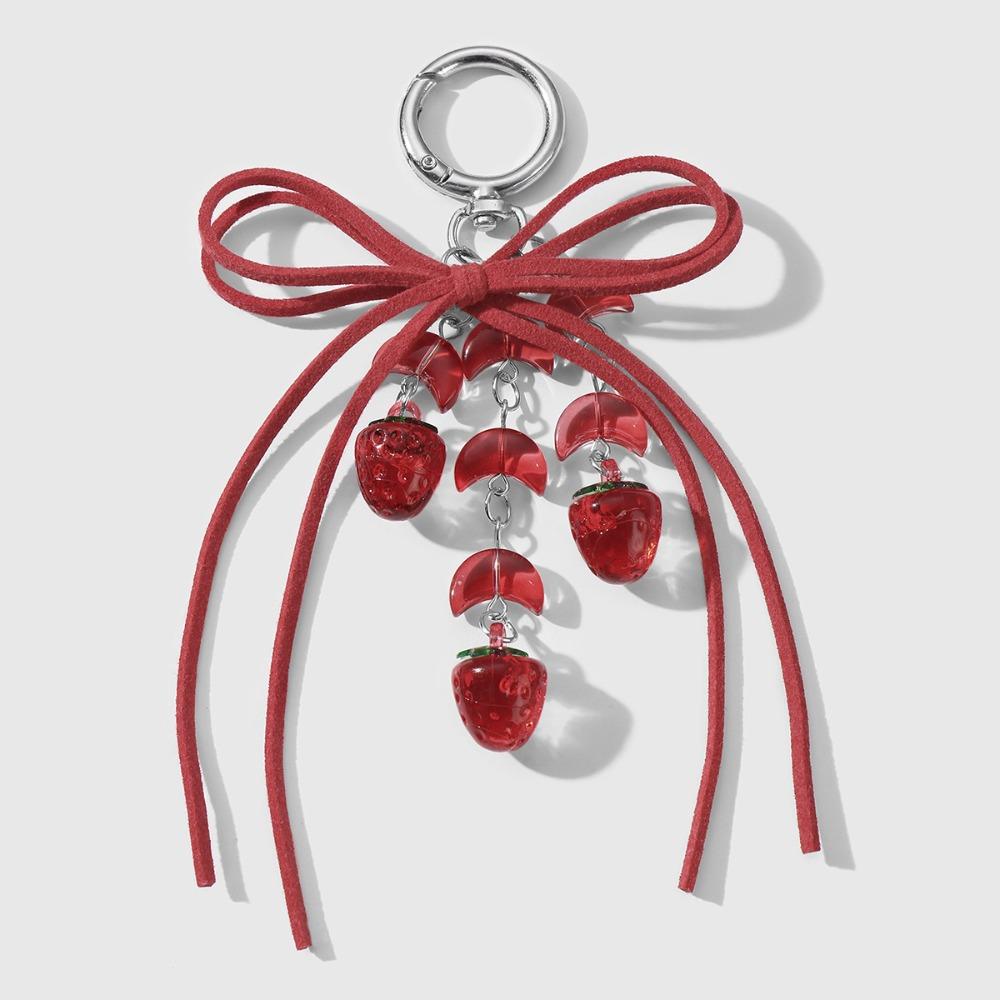 Sweet Style Ribbon Lace Bow Keychain Bag Charm Heart Strawberry Beaded Design Phone Charm Pendant Bag Charm Bag Decoration