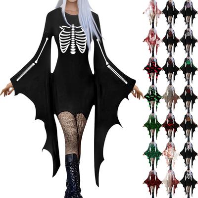 Kadın Moda Gotik Punk Yarasa Kollu Cadılar Bayramı Baskılı Düzensiz Parti Elbisesi