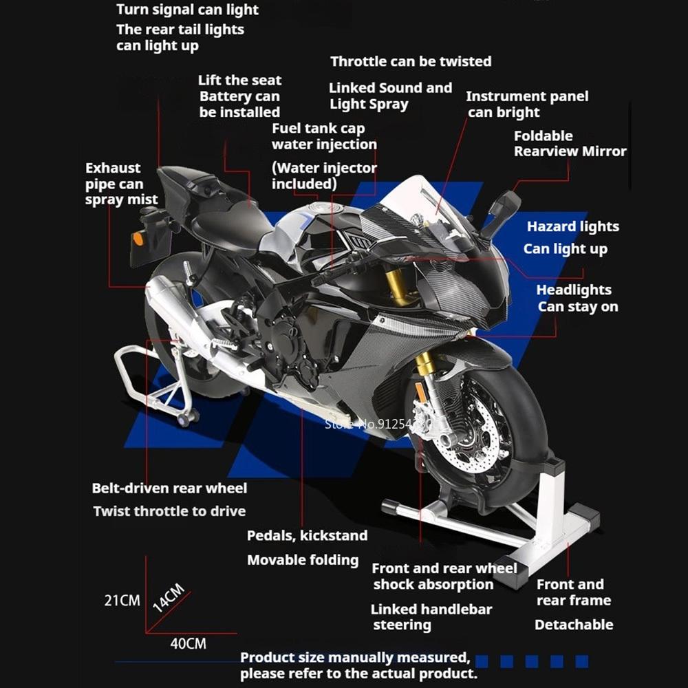 1:6 Scale R1M Ignitable Motorcycle Model Toy Sound Light Shock Absorption Sprayable Motorbike Models Toys Metal Diecast Gifts
