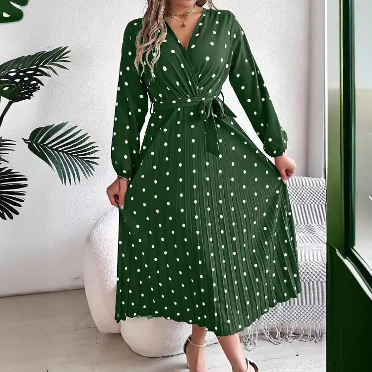 Women Long Sleeve A Line Long Dress High Waist Dot Pleated Autumn Winter Fashion
